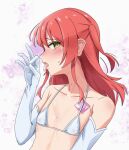  1girl absurdres bikini blush bocchi_the_rock! collarbone commentary_request condom condom_wrapper elbow_gloves fellatio_gesture flat_chest gloves green_eyes heart heart-shaped_pupils highres kita_ikuyo long_hair looking_at_viewer micro_bikini one_side_up open_mouth red_hair sim_evo solo steam sweat swimsuit symbol-shaped_pupils tongue tongue_out two_side_up upper_body white_bikini white_gloves 
