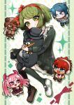 2girls 3boys bandaid bandaid_on_cheek bandaid_on_face bear blue_eyes blue_hair bow brown_mask chibi chibi_inset cigar daimon_masaru_(danganronpa) danganronpa_(series) danganronpa_another_episode:_ultra_despair_girls eyepatch fake_horns gold_teeth green_background green_eyes green_hair grey_eyes hair_horns hair_ribbon hairband hat headband headphones holding holding_stuffed_toy horn_bow horn_hairband horn_ornament horns inori0516 jacket kemuri_jataro kurokuma_(danganronpa) mask multiple_boys multiple_girls patchwork_clothes pink_eyes pink_hair pink_hairband pink_horns plaid_clothes plaid_jacket plaid_shorts polka_dot polka_dot_bow red_hair red_ribbon ribbon scarf shingetsu_nagisa shorts solo_focus stuffed_animal stuffed_toy teddy_bear towa_monaca twintails utsugi_kotoko v-shaped_eyebrows white_gakuran yellow_scarf 