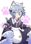  1boy :< animal_ears apron bell black_dress black_ribbon blue_eyes blush cat_boy cat_ears cat_tail center_frills cleavage_cutout closed_mouth clothing_cutout commentary cowboy_shot crossdressing crossdressing_(mtf) dress edmond_(nu_carnival) enmaided frilled_apron frilled_dress frilled_dress_collar frills hair_between_eyes hair_over_shoulder halftone holding_own_dress juliet_sleeves long_hair long_sleeves looking_at_viewer low_ponytail maid maid_headdress male_focus male_maid neck_bell neck_ribbon nose_blush nu_carnival nu_jyo paw_print paw_print_background petticoat ponytail puffy_sleeves puritan_collar ribbon sleeve_cuffs solo tail tsurime white_apron white_background white_headdress 