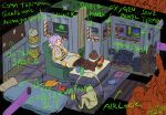  1boy 1girl alcohol alien ammunition armchair bag_of_chips bed black_leggings black_shirt bob_(marathon) boots bottle brown_boots capelet chair chips_(food) closed_eyes closed_mouth commentary crossover cup dated east-west_crossover easy_chair elf english_commentary english_text engrish_text feet_on_table fleeing food footrest frieren gold_trim grey_hair gun highres kanokoga leggings long_hair long_pointy_ears marathon_(1994) marathon_(series) parted_bangs pink_hair pointing_out_the_details pointy_ears potato_chips ranguage relaxing rifle rocket science_fiction shirt signature sketch skirt smile solo_focus sousou_no_frieren space spacecraft_interior star_(sky) striped_clothes striped_shirt twintails typo weapon white_capelet white_shirt white_skirt wide_shot window 