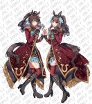  2girls ahoge animal_ears black_boots black_skirt blue_bow blue_eyes blush boots bow breasts brown_hair burning_as_one_(umamusume) closed_mouth coat commentary_request cosplay daring_tact_(umamusume) daring_tact_(umamusume)_(cosplay) hair_between_eyes hair_ornament highres horse_ears horse_girl horse_tail long_hair looking_at_viewer multiple_girls open_mouth real_life red_coat red_thighhighs sample_watermark sb_(akagikeai) second-party_source skirt smile star_(symbol) star_hair_ornament tail thighhighs umamusume voice_actor_connection watermark youmiya_hina 