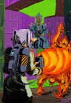  1girl alien battle brain burning capelet commentary cowboy_shot crossover cyborg dated earrings east-west_crossover elf english_commentary extra_eyes fire flamethrower frieren from_behind gas_cylinder gem gold_trim highres holding holding_flamethrower holding_weapon indoors jewelry kanokoga long_hair long_pointy_ears marathon_(1994) marathon_(series) pfhor_(marathon) pink_hair pointy_ears red_gem science_fiction shirt signature sketch skirt skirt_set sousou_no_frieren sparks story_in_commentary teardrop_earrings tile_wall tiles twintails weapon white_capelet white_shirt white_skirt 
