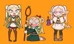 3girls absurdres belt blonde_hair blue_capelet blue_robe bow braid capelet cloak closed_mouth clothes-dissolving_potion commentary_request crying denkiusagi detached_hood dress dungeon_meshi earrings elf frieren green_cloak green_eyes grey_hair hair_bow hair_ribbon hands_on_own_hips highres holding holding_potion holding_staff hood hooded_capelet ishura jewelry kia_the_world_word long_hair long_pointy_ears long_sleeves looking_at_another mage_staff marcille_donato multiple_girls open_mouth orange_background parted_bangs pointy_ears ribbon robe seiza simple_background sitting smile sousou_no_frieren staff standing teardrop_earrings twintails white_capelet white_hair 