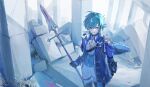  1boy armor belt blood blood_on_face boots chest_strap coat collared_shirt commentary_request debris earrings favonius_lance_(genshin_impact) genshin_impact grey_coat hair_intakes highres holding holding_polearm holding_weapon jewelry kukatsuma lohen_(genshin_impact) long_sleeves male_focus multicolored_eyes pants parted_bangs pauldrons piercing polearm rubble shirt shoulder_armor single_earring single_pauldron smile solo standing thigh_belt thigh_strap watermark weapon white_pants wing_collar 