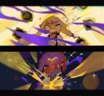  1boy 1girl asymmetrical_hair backlighting blonde_hair blurry braid commentary_request depth_of_field duel eyebrow_cut fangs glint hair_tie half-closed_eye headphones highres inkling inkling_girl inkling_player_character killer_wail_5.1_(splatoon) letterboxed long_hair looking_at_viewer octoling octoling_boy octoling_player_character open_mouth paint paint_splatter paozi_haox parted_lips pointy_ears purple_hair red_eyes romaji_commentary serious shirt short_sleeves sidelocks single_braid sparkle splatoon_(series) suction_cups sweat tentacle_hair tentacles uneven_eyes upper_body v-shaped_eyebrows white_shirt wide-eyed yellow_eyes 