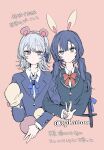  2girls absurdres animal_ear_hairband animal_ears artist_name bear_ear_hairband bear_ears black_hair black_suit blue_ribbon blue_suit bow bowtie closed_mouth collared_shirt commentary fake_animal_ears grey_eyes hair_bow hair_ribbon hairband highres kurobe_honoka kurobe_nanoka locked_arms long_hair looking_at_viewer mahou_shoujo_no_majo_saiban mittens multiple_girls neck_ribbon orange_background purple_eyes rabbit_ear_hairband rabbit_ears red_bow red_bowtie ribbon shirt short_hair siblings signature simple_background sisters souya_(phi6os) spoilers suit translation_request twintails untranslatable_commentary v white_hair white_shirt 