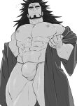  1boy abs bara beard bulge commentary cross_scar facial_hair greyscale highres huge_pectorals jujutsu_kaisen long_hair looking_at_viewer male_focus monochrome muscular muscular_male mustache_stubble navel nipples pectorals scar scar_on_face scar_on_forehead simple_background solo sparse_navel_hair stubble sugo6969 thick_eyebrows thick_thighs thighs zen'in_jinichi 