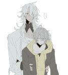  ... 1boy 1other alternate_costume bandaged_chest black_eyes black_jacket blush braid caelus_(honkai:_star_rail) caelus_(world_tour_2023)_(honkai:_star_rail) closed_mouth collarbone dark_skin detached_collar fingernails from_behind grey_hair hair_over_one_eye hair_tubes half-closed_eye hand_on_another's_waist highres hki_8b honkai:_star_rail honkai_(series) hood hoodie jacket long_hair long_sleeves looking_afar looking_at_viewer male_focus nanook_(honkai:_star_rail) official_alternate_costume open_clothes open_jacket open_mouth other_focus other_with_male scared shirt short_hair simple_background speech_bubble spoken_ellipsis sweatdrop trailblazer_(honkai:_star_rail) twin_braids upper_body white_background white_hair white_shirt wide-eyed yellow_hoodie 