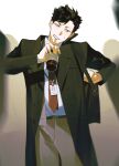  1boy bag belt black_coat black_hair black_pants brown_belt brown_jacket buttons cellphone coat commentary_request cup disposable_coffee_cup disposable_cup dress_shirt drinking_straw haikyuu!! holding holding_cup jacket korean_commentary kuroo_tetsurou lanyard male_focus necktie open_clothes open_coat orang_0182 pants phone red_necktie shirt short_hair shoulder_bag smartphone standing straight-on striped_clothes striped_shirt talking_on_phone teeth unbuttoned vertical-striped_clothes vertical-striped_shirt white_shirt 