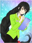  1girl artist_request bandai_namco black_hair braid breasts commentary company_connection cosplay cowboy_shot english_commentary game_asset gloves green_suit holding holding_pen idolmaster idolmaster_cinderella_girls long_hair looking_at_viewer medium_breasts necktie official_alternate_costume official_alternate_hairstyle official_art open_mouth pen satou_rina senkawa_chihiro senkawa_chihiro_(cosplay) shirt simple_background single_glove solo suit tales_of_(series) tales_of_berseria tales_of_the_rays third-party_source velvet_crowe very_long_hair voice_actor_connection white_gloves white_shirt yellow_eyes yellow_necktie 