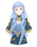  1girl alternate_hair_length_(longer) alternate_hairstyle artist_name blue_capelet blue_hair blush braid brown_eyes capelet closed_mouth commentary commission cropped_torso crown_braid english_commentary fire_emblem fire_emblem:_three_houses hair_down highres long_hair long_sleeves looking_at_viewer marianne_von_edmund marianne_von_edmund_(timeskip) moquackja sidelocks simple_background sleeves_past_wrists smile solo standing very_long_hair watermark white_background 