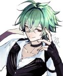  1boy absurdres ahoge belt belt_collar black_belt black_gloves buttons choker collar collarbone collared_shirt commentary_request earrings fingerless_gloves genshin_impact gloves green_hair hair_between_eyes hair_intakes half-closed_eyes hand_up heiwaniikuruze highres jewelry lapels lohen_(genshin_impact) lohen_(standardized_test)_(genshin_impact) male_focus mole mole_under_eye multicolored_eyes official_alternate_costume open_collar pinstripe_pattern pinstripe_vest shirt short_hair signature single_earring smile solo upper_body vest waistcoat white_background white_shirt 