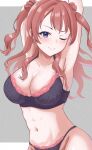  1girl ;) abs arms_up black_bra black_panties blue_eyes blush border bra breasts brown_hair cleavage closed_mouth collarbone commentary_request gakuen_idolmaster grey_background hanami_saki highres idolmaster long_hair looking_at_viewer medium_breasts navel one_eye_closed panties red_hair sidelocks simple_background smile solo standing underwear white_border zhi_(papercraft8559) 