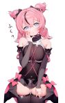  1girl absurdres alternate_costume aria_(human)_(zenless_zone_zero) aria_(robot)_(discordant_note)_(zenless_zone_zero) aria_(robot)_(zenless_zone_zero) aria_(zenless_zone_zero) ass_visible_through_thighs black_leotard black_scarf black_streaks blue_eyes blue_sky blush breasts closed_mouth commentary covered_navel cowboy_shot cross-shaped_pupils detached_sleeves fingernails g_li hand_on_own_cheek hand_on_own_face hand_on_own_thigh head_tilt highres leotard looking_at_viewer multicolored_hair pink_hair quad_tails ribbon-trimmed_sleeves ribbon_trim scarf self_cosplay short_hair simple_background skindentation sky small_breasts solo streaked_hair symbol-shaped_pupils white_background zenless_zone_zero 