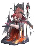 1girl above-cleavage_cutout absurdres akane_lize bare_shoulders black_leotard black_pantyhose black_shoes black_sleeves black_wings breasts chain chair closed_mouth clothing_cutout commentary covered_navel crossed_legs detached_sleeves full_body gem grey_eyes head_rest head_tilt head_wings high_heels highres holding holding_staff large_breasts leotard li_se long_hair long_sleeves looking_at_viewer on_chair pantyhose red_gem red_hair red_pupils shoes single_leg_pantyhose sitting solo staff stellive thigh_strap toes untranslatable_commentary white_background wings 