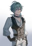  1boy ahoge belt belt_collar black_belt black_gloves buttons choker collar collarbone collared_shirt commentary_request earrings genshin_impact gloves green_hair hair_between_eyes hair_intakes hand_on_own_hip highres jewelry lapels light_smile lohen_(genshin_impact) lohen_(standardized_test)_(genshin_impact) looking_at_viewer male_focus mole mole_under_eye multicolored_eyes official_alternate_costume open_collar pants pinstripe_pattern pinstripe_vest shirt short_hair signature single_earring smile solo upper_body vest waistcoat warp226 white_background white_pants white_shirt 