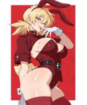  1girl absurdres animal_ears belt belt_buckle black_belt blonde_hair blood blood_on_breasts blood_on_clothes blood_on_hand blush breasts buckle cleavage collar commentary english_commentary fake_animal_ears fangs gloves hellsing highres jacket looking_at_viewer medium_breasts medium_hair playboy_bunny rabbit_ears rabbit_tail red_background red_eyes red_jacket red_thighhighs ring_light_reflection seras_victoria short_sleeves signature simple_background skindentation smile solo sparkle standing tail thighhighs tongue tongue_out vizaz white_gloves 