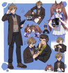  2boys 2girls absurdres adjusting_eyewear anger_vein animal_ears box brown_hair commentary_request daiwa_scarlet_(casual)_(umamusume) daiwa_scarlet_(umamusume) desk english_commentary english_text fang highres holding holding_box holding_towel horse_ears horse_girl kneeling multicolored_hair multiple_boys multiple_girls open_mouth red_eyes school_uniform short_hair skin_fang sleepcatz tiara towel toy_robot tracen_school_uniform trainer_(umamusume) twintails two-tone_hair umamusume vodka_(umamusume) 