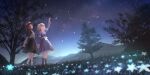  2girls artist_request big_dipper black_capelet black_hat black_shoes black_skirt blonde_hair blue_flower book boots bow brown_boots brown_eyes brown_hair buttons capelet collared_dress constellation contrast_collar dress flower frilled_dress frilled_skirt frills full_body game_asset glowing glowing_flower grass hair_bow hat hat_bow highres holding holding_book holding_hands long_sleeves maribel_hearn mary_janes medium_hair mob_cap multicolored_eyes multiple_girls night official_art open_mouth outdoors pointing pointing_up purple_dress purple_eyes sash shirt shirt_tucked_in shoes skirt sky sleeve_garter smile socks star_(sky) starry_sky third-party_source touhou touhou_lostword tree two-tone_eyes usami_renko waist_bow white_bow white_flower white_hat white_sash white_shirt white_socks yellow_eyes 