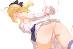  1girl absurdres ahoge artoria_pendragon_(fate) ass back_cutout bdsm blonde_hair blue_eyes blue_hairband blush bondage bound breasts cameltoe clothing_cutout commentary dress elbow_gloves english_commentary fate/stay_night fate/unlimited_blade_works fate_(series) from_behind gloves hairband highres medium_breasts miaosu one_eye_closed panties perversion_of_canon saber_(fate) skindentation solo string thighhighs underwear wedding_dress white_background white_gloves white_panties 