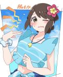  1girl blue_shirt brown_eyes brown_hair cloud collarbone commentary_request eyelashes fanning_self flower gloria_(pokemon) gloria_(summer_2021)_(pokemon) hair_flower hair_ornament highres hot jewelry navel necklace official_alternate_costume one_eye_closed open_mouth pink_flower pokemon pokemon_masters_ex ryokukoucha scrunchie shirt short_hair sky solo sweat upper_body wrist_scrunchie 