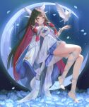  1girl aengdohwa bare_shoulders barefoot bird black_hair blue_flower colored_inner_hair columbina_(genshin_impact) commentary_request crescent dress feet flower full_body genshin_impact hair_ornament halation_pupils hand_up highres legs long_hair long_sidelocks looking_at_viewer multicolored_hair parted_lips pigeon purple_eyes purple_hair sidelocks smile toes unusually_open_eyes very_long_hair white_bird white_dress white_wings wing_hair_ornament wings 