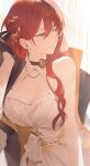  1girl bare_arms bilibili_logo black_choker black_coat black_gloves blurry blurry_background breasts chinese_commentary choker cleavage coat coat_on_shoulders collarbone commentary curtains dress earrings flower_choker gloves gold_earrings hair_behind_ear hair_between_eyes hair_ornament highres himeko_(honkai:_star_rail) honkai:_star_rail honkai_(series) jewelry large_breasts leaf_hair_ornament light_particles light_smile looking_to_the_side mole mole_on_breast red_hair rhg_g signature solo upper_body wavy_hair white_dress yellow_eyes 
