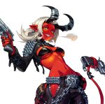  1girl belt bikini bikini_top_only black_nails blonde_hair breasts colored_skin commentary demon_girl demon_horns demon_tail grin gun handgun highres holding holding_gun holding_weapon horns looking_at_viewer medium_hair navel_piercing original pants piercing pointy_ears red_skin shrug_(clothing) smile solo swimsuit tail underboob untranslatable_commentary weapon y_frt yellow_eyes zipper_pull_tab 