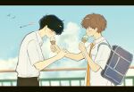  black_border black_hair black_pants blue_sky blush border brown_eyes brown_hair closed_mouth cloud commentary dress_shirt english_commentary feeding from_side ganbare!_nakamura-kun!! grilledfishe highres hirose_aiki ice_cream_cone letterboxed looking_at_another male_focus nakamura_okuto open_clothes open_shirt orange_shirt outdoors pants school_uniform shirt shirt_tucked_in short_hair sky standing t-shirt translation_request unbuttoned unbuttoned_shirt undershirt white_shirt 