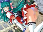  1girl 2000s_(style) 3boys aqua_hair ass ayahime_kurumi blush bow breasts censored closed_eyes clothing_aside elbow_gloves game_asset gloves green_hair hair_ribbon hetero imminent_penetration imminent_rape large_breasts lemmtear_theta long_hair magical_girl mahou_senshi_(series) mahou_senshi_lemmtear_knights mosaic_censoring multiple_boys nipples non-web_source official_art open_mouth outdoors panties panties_aside parted_lips penis public_indecency ribbon saitou_natsuki self-datamine skirt solo_focus sweat thighhighs underwear variant_set visual_novel_cg white_panties 