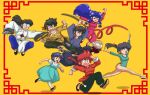  1980s_(style) 4boys 4girls :d athletic_leotard balding black_hair black_pants black_shoes blue_dress blue_hair blue_pants braid chinese_clothes clenched_teeth coke-bottle_glasses dress english_commentary everyone fangs faux_retro_artstyle fuurinkan_high_school_uniform glasses green_leotard gymnastics half-soles happosai hibiki_ryouga highres holding holding_ribbon_baton holding_stick japanese_clothes jumping kicking kunou_kodachi kunou_tatewaki leotard long_hair mousse_(ranma_1/2) multiple_boys multiple_girls old old_man open_mouth pants pink_pants pink_shirt ponytail ranma_1/2 red_hair red_shoes retro_artstyle rhythmic_gymnastics ribbon ribbon_baton round_eyewear running saotome_ranma saotome_ranma_(female) school_uniform scottforester17 shampoo_(ranma_1/2) shirt shoes short_hair single_braid smile socks stick tangzhuang teeth tendou_akane v-shaped_eyebrows white_hair white_shoes white_socks wide-eyed wide_sleeves yellow_background 