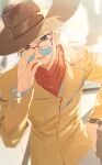  1boy bandana bandana_around_neck bilibili_logo blonde_hair blue_eyes blurry blurry_background brown_hat chinese_commentary commentary cowboy_shot fate/strange_fake fate_(series) flat_escardos glasses gradient-tinted_eyewear grey-framed_eyewear grey_pants hat highres jacket looking_at_viewer looking_over_eyewear lower_teeth_only male_focus open_mouth pants red-framed_eyewear red_bandana rhg_g short_hair signature smile teeth tinted_eyewear upper_body watch wristwatch yellow_jacket 
