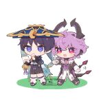 2boys amagi429114 amagi_o_o arm_at_side armor belt black_belt black_boots black_bow black_bridal_gauntlets black_coat black_hair black_horns black_sandals black_shirt black_shorts black_tail blue_cape blue_hat blue_jingasa blue_kimono blue_sleeves blunt_ends boots bow bracelet bridal_gauntlets bright_pupils cape chibi chibi_only choppy_bangs circle_hands closed_mouth coat collared_coat commentary_request contrast_collar crossed_bangs diamond-shaped_pupils diamond_(shape) dragon_boy dragon_horns dragon_tail dragon_wings durin_(genshin_impact) eyeliner full_body furisode gem genshin_impact gloves gold gold_ring hair_between_eyes hakama hakama_shorts hand_on_own_chin hand_up hands_up hat heart-shaped_gem highres holding holding_paper horns japanese_armor japanese_clothes jewelry jingasa juban kimono kote kurokote layered_sleeves leg_warmers looking_at_another looking_to_the_side low_wings makeup middle_ring multiple_boys open_clothes open_coat open_collar open_kimono pants paper pink_gem pink_hair pleated_shorts purple_eyes purple_horns purple_pupils purple_rope purple_sash purple_vest purple_wings red_eyeliner rope sandals sash scaramouche_(genshin_impact) shirt short_sleeves shorts side_cape stirrup_legwear symbol-shaped_pupils tail tassel toeless_legwear twitter_username two-sided_horns vest wanderer_(genshin_impact) watermark white_background white_gloves white_kimono white_leg_warmers white_pants white_pupils white_sleeves wings zouri 