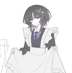  1girl alternate_costume apron apron_hold black_dress black_hair butterfly_hair_ornament chinese_commentary collared_dress commentary_request contrast_collar dress emptiedfishtank hair_ornament highres housho_margo long_sleeves looking_at_viewer mahou_shoujo_no_majo_saiban parted_bangs purple_eyes short_hair simple_background smile solo white_apron white_background 