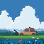  ambiguous_gender animated animated_gif backpack bag black_cat car cat cloud cumulonimbus_cloud day flower grass highres literallyfarah looping_animation motor_vehicle mountainous_horizon nature original outdoors pixel_art scenery sitting sky tagme twitching_tail vehicle_request wide_shot 