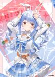  1girl :d animal_ears arms_up belt blue_bow blue_hair blue_skirt borumete bow braid carrot_hair_ornament chest_bow commentary_request copyright_notice cropped_jacket detached_collar extra_ears food-themed_hair_ornament frilled_bow frilled_skirt frills grin hair_ornament hololive jacket lapel_pin lapels long_hair looking_at_viewer miniskirt multicolored_hair notched_lapels official_alternate_costume official_art orange_belt orange_eyes plaid_bow plaid_clothes plaid_skirt pleated_skirt rabbit_ears rabbit_girl rabbit_pose shirt short_eyebrows sidelocks skirt sleeve_cuffs smile solo swept_bangs thick_eyebrows twin_braids two-tone_hair usada_pekora vest virtual_youtuber white_hair white_jacket white_shirt white_vest 