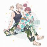  2girls barcode black_tank_top blue_eyes blue_kimono breasts brown_hair commentary_request couple food girls_band_cry grey_hair hair_bun highres iseri_nina japanese_clothes kawaragi_momoka kimono medium_breasts milk_puppy multicolored_hair multiple_girls open_mouth roots_(hair) short_hair sidelocks simple_background single_hair_bun takoyaki tank_top white_background yukata yuri 