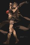 1girl alternate_costume arm_armor arm_behind_head arm_strap arm_up armpits artist_name asymmetrical_clothes belt black_background black_hair black_scarf black_shoes blonde_hair blue_eyes boots breasts commentary covered_navel criss-cross_halter crossed_bangs crossed_belts cutoffs dark-skinned_female dark_skin dehya_(genshin_impact) elbow_gloves english_commentary fishnet_top fishnets genshin_impact gloves hair_between_eyes hair_ears hair_intakes halterneck highres kili_kilio large_breasts long_hair looking_to_the_side multicolored_hair multiple_thigh_straps open_mouth scarf shoes short_shorts shorts sideboob simple_background single_elbow_glove smile solo streaked_hair thigh_strap thighs toned toned_female twitter_username two-tone_hair underboob very_long_hair 