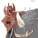  1boy :d ^_^ armor breastplate brown_helmet character_request check_character chihuri closed_eyes commentary_request eighth_note elden_ring elden_ring_nightreign gauntlets helm helmet highres holding hose male_focus monster musical_note pauldrons shoulder_armor signature simple_background smile tanith's_knight tusks water white_background 