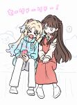  ! >_< 0_0 2girls :d blonde_hair blue_hair blue_hoodie blush brown_hair cellphone clothing_cutout collared_shirt commentary_request dress fang flower fujishima_megumi fujishima_megumi_(winter_loungewear) full_body gradient_hair hair_flower hair_intakes hair_ornament highres holding holding_phone hood hood_down hoodie leaning_on_person leaning_to_the_side long_dress long_hair long_sleeves looking_at_another love_live! love_live!_hasu_no_sora_jogakuin_school_idol_club mira-cra_park! multicolored_hair multiple_girls on_bed open_mouth osawa_rurino osawa_rurino_(winter_loungewear) pants phone pinafore_dress pink_dress pink_flower playing_games playing_video_games shirt shoulder_cutout sitting skin_fang sleeveless sleeveless_dress smartphone smile spoken_exclamation_mark twintails two_side_up virtual_youtuber watage_modoki white_pants white_shirt xd 