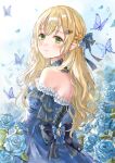  1girl back back_bow bare_shoulders blonde_hair blue_bow blue_butterfly blue_collar blue_flower blue_gem blue_petals blue_rose blue_sky blurry blurry_background bow braid breasts bubble bug butterfly closed_mouth collar commentary_request commission cross-laced_clothes cross-laced_dress day depth_of_field dress earrings elf falling_petals field flower flower_earrings flower_field frilled_dress frills from_behind gem gem_hair_ornament green_eyes hair_bow half_up_braid highres jewelry juliet_sleeves long_sleeves looking_at_viewer looking_to_the_side median_furrow off-shoulder_dress off_shoulder original outdoors petals pointy_ears puffy_sleeves rose sideboob skeb_commission sky smile solo tententuyu upper_body watermark wavy_hair 