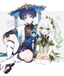  1boy 1girl anemo_symbol_(genshin_impact) arm_on_knee armlet armor asymmetrical_sidelocks bare_shoulders belt black_belt black_bodysuit black_bow black_hair black_sandals black_shorts bloomers blue_cape blue_gem blue_hat blue_jingasa blue_kimono blue_sleeves blunt_ends bodysuit border bow bracelet bridal_gauntlets bright_pupils cape closed_mouth commentary_request covered_collarbone cross-shaped_pupils detached_sleeves dress eyelashes eyeliner feathers fingernails full_body furisode gem genshin_impact gold gold_armlet gold_bracelet gold_ring green_cape green_eyes green_gem green_hair green_sleeves grey_background grey_bridal_gauntlets hair_between_eyes hair_ornament hakama hakama_shorts hat head_tilt highres japanese_armor japanese_clothes jewelry jingasa juban kimono knee_up kote kurokote layered_sleeves leaf leaf_hair_ornament leg_warmers letterboxed long_hair looking_at_viewer makeup mandarin_collar middle_ring multicolored_hair nahida_(genshin_impact) nanny_(199269) open_clothes open_hand open_kimono open_mouth pleated_shorts pointy_ears pom_pom_(clothes) purple_eyes purple_pupils purple_rope purple_sash red_eyeliner rope sandals sash scaramouche_(genshin_impact) short_dress short_sleeves shorts shoulder_peek side_cape side_ponytail sidelocks sitting smile socks stirrup_legwear streaked_hair symbol-shaped_pupils tareme tassel toeless_legwear toeless_socks toenails toes tsurime twitter_username wanderer_(genshin_impact) wariza white_bloomers white_border white_dress white_hair white_kimono white_leg_warmers white_pupils white_sleeves white_socks wispy_bangs yellow_feathers zouri 