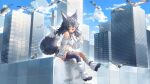  1girl animal_ears bird blue_eyes bone_hair_ornament building chain city cloud collar commentary dog_ears dog_girl dog_tail english_commentary full_body glasses grey_hair hair_ornament hairclip highres indie_virtual_youtuber medium_hair midriff mila_(milaart12) open_mouth panty_straps rorii round_eyewear short_shorts shorts sitting sky skyscraper smile sweater tail tan thighhighs virtual_youtuber waving 
