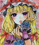  1girl absurdres blonde_hair bow bridal_gauntlets close-up commentary_request dress frilled_wrist_cuffs frills gold_trim hand_on_own_face hat hat_ribbon highres iori_(akaringo) long_hair mob_cap painting_(medium) parted_lips pink_background pink_nails portrait purple_dress red_bow red_ribbon ribbon solo star_(symbol) touhou traditional_media watercolor_(medium) white_hat wrist_cuffs wrist_flower yakumo_yukari 
