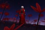  1boy archer_(fate) archer_(honkai:_star_rail)_(fate) black_gloves coat code3755 commentary_request dark_skin fate/stay_night fate/unlimited_blade_works fate_(series) flower gloves hair_slicked_back highres honkai:_star_rail honkai_(series) long_coat male_focus outdoors red_coat red_flower solo spiked_hair thai_commentary white_hair 