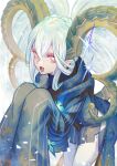  1girl black_scarf blue_scarf braid commentary crown_braid curled_horns dress fate/grand_order fate_(series) green_horns hair_between_eyes highres horns large_horns larva_tiamat_(fate) larva_tiamat_(second_ascension)_(fate) long_hair long_horns long_sleeves looking_at_viewer pantyhose pink_eyes pointy_ears scarf sleeves_past_fingers sleeves_past_wrists solo symbol-shaped_pupils tiamat_(fate) untranslatable_commentary white_pantyhose woong.i x-shaped_pupils 