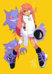  1girl bad_id bad_twitter_id black_shoes blunt_bangs braid closed_mouth eyepatch full_body gastly gengar grin haunter hood hood_down hoodie long_hair long_sleeves looking_at_viewer maymay_pic open_mouth original pokemon pokemon_(creature) red_eyes shoes signature simple_background sleeves_past_fingers sleeves_past_wrists smile solo standing teeth tongue tongue_out white_hoodie yellow_background 