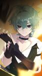  1boy ahoge arms_up belt belt_collar black_belt black_gloves buttons choker collar collarbone collared_shirt commentary_request earrings fingerless_gloves genshin_impact glint gloves green_hair hair_between_eyes hair_intakes highres jewelry lapels lohen_(genshin_impact) lohen_(standardized_test)_(genshin_impact) looking_at_viewer male_focus mole mole_under_eye multicolored_eyes official_alternate_costume open_collar pinstripe_pattern pinstripe_vest piyansuke shirt short_hair single_earring smile solo upper_body vest waistcoat white_shirt 