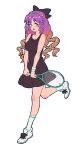  1girl black_bow black_dress bow brown_eyes brown_hair commentary_request dress drill_hair full_body gradient_hair hair_bow highres hijiri_byakuren holding holding_tennis_racket jean_(jean_sp) multicolored_hair purple_hair racket solo standing standing_on_one_leg tennis_racket touhou two-tone_hair white_background 