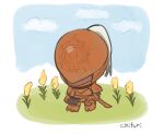  1boy armor armored_boots blue_sky boots breastplate brown_helmet chibi chihuri closed_mouth cloud commentary_request day elden_ring elden_ring_nightreign executor_(elden_ring) flower gauntlets helmet male_focus pauldrons shoulder_armor signature sky solo standing yellow_flower 
